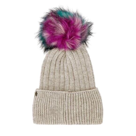 NWT Jocelyn Faux Fur Pom Multi-Color Rainbow “LOVE” Beanie - Picture 3 of 7